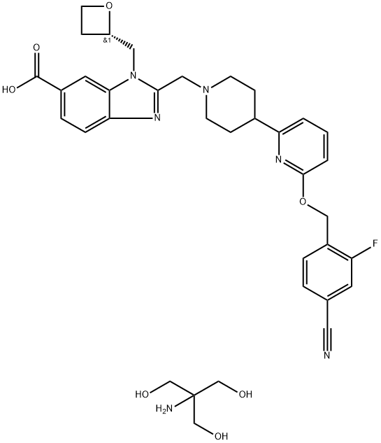 2-amino-2-(hydroxymethyl)propane-1,3-diol (S)-2-((4-(6-((4-cyano-2-fluorobenzyl)oxy)pyridin-2-yl)piperidin-1-yl)methyl)-1-(oxetan-2-ylmethyl)-1H-benzo[d]imidazole-6-carboxylate Struktur