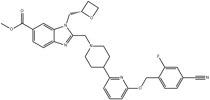 methyl (S)-2-((4-(6-((4-cyano-2-fluorobenzyl)oxy)pyridin-2-yl)piperidin-1-yl)methyl)-1-(oxetan-2-ylmethyl)-1H-benzo[d]imidazole-6-carboxylate 结构式