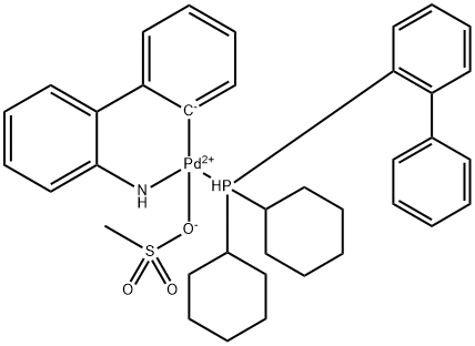 (2-Dicyclohexylphosphino-1,1′-biphenyl)[2-(2′-amino-1,1′-biphenyl)]palladium(II) methanesulfonate 化学構造式