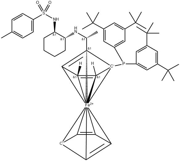 Ferrocene, 1-[bis[3,5-bis(1,1-dimethylethyl)phenyl]phosphino]-2-[(1R)-1-[[(1R,2R)-2-[[(4-methylphenyl)sulfonyl]amino]cyclohexyl]amino]ethyl]-, (1R)- Struktur