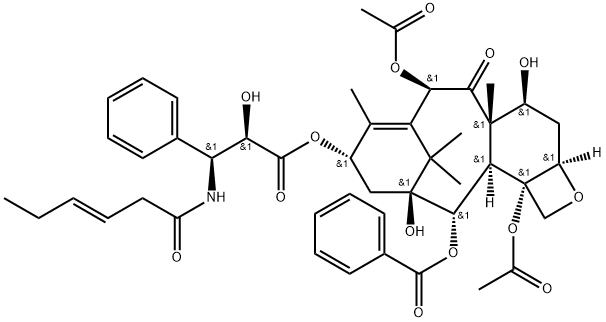 Benzenepropanoic acid, α-hydroxy-β-[[(3E)-1-oxo-3-hexen-1-yl]amino]-, (2aR,4S,4aS,6R,9S,11S,12S,12aR,12bS)-6,12b-bis(acetyloxy)-12-(benzoyloxy)-2a,3,4,4a,5,6,9,10,11,12,12a,12b-dodecahydro-4,11-dihydroxy-4a,8,13,13-tetramethyl-5-oxo-7,11-methano-1H-cyclod 化学構造式