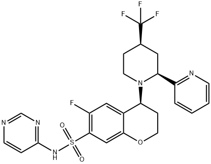 2H-1-Benzopyran-7-sulfonamide, 6-fluoro-3,4-dihydro-4-[(2S,4R)-2-(2-pyridinyl)-4-(trifluoromethyl)-1-piperidinyl]-N-4-pyrimidinyl-, (4S)- 结构式