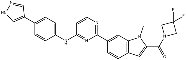 Methanone, (3,3-difluoro-1-azetidinyl)[1-methyl-6-[4-[[4-(1H-pyrazol-4-yl)phenyl]amino]-2-pyrimidinyl]-1H-indol-2-yl]- 化学構造式