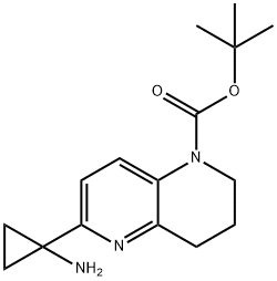 tert-Butyl 6-(1-aminocyclopropyl)-3,4-dihydro-1,5-naphthyridine-1(2H)-carboxylate 化学構造式