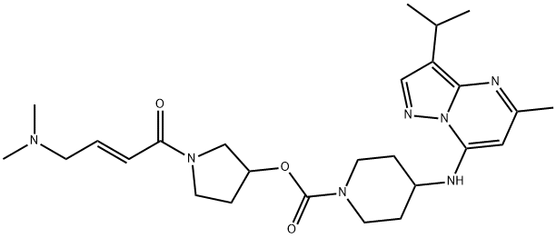 2326428-25-3 1-Piperidinecarboxylic acid, 4-[[5-methyl-3-(1-methylethyl)pyrazolo[1,5-a]pyrimidin-7-yl]amino]-, 1-[(2E)-4-(dimethylamino)-1-oxo-2-buten-1-yl]-3-pyrrolidinyl ester