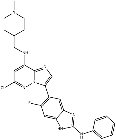 Imidazo[1,2-b]pyridazin-8-amine, 6-chloro-3-[6-fluoro-2-(phenylamino)-1H-benzimidazol-5-yl]-N-[(1-methyl-4-piperidinyl)methyl]- Struktur
