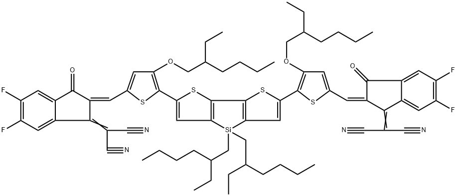 2,2'-((2Z,2'Z)-(((4,4-bis(2-ethylhexyl)-4H-silolo[3,2-b:4,
5-b']dithiophene-2,6-diyl)bis(4-((2-ethylhexyl)oxy)thio
phene-5,2-diyl))bis(methanylylidene))bis(5,6-difluoro- 3-oxo-2,3-dihydro-1H-indene-2,1-diylidene))dimalono
nitrile,2328118-93-8,结构式