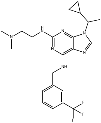 9H-Purine-2,6-diamine, 9-(1-cyclopropylethyl)-N2-[2-(dimethylamino)ethyl]-N6-[[3-(trifluoromethyl)phenyl]methyl]- Struktur