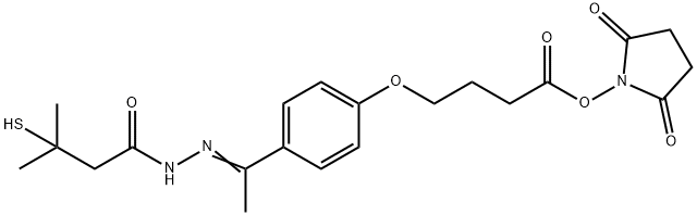 Butanoic acid, 3-mercapto-3-methyl-, 2-[1-[4-[4-[(2,5-dioxo-1-pyrrolidinyl)oxy]-4-oxobutoxy]phenyl]ethylidene]hydrazide,2349426-55-5,结构式
