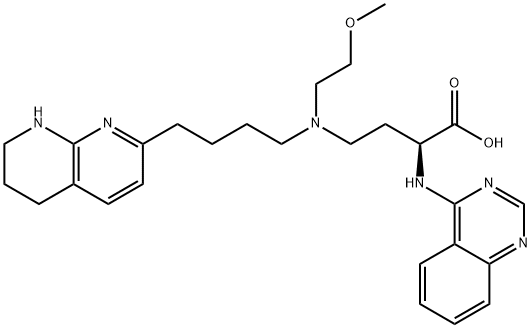Butanoic acid, 4-[(2-methoxyethyl)[4-(5,6,7,8-tetrahydro-1,8-naphthyridin-2-yl)butyl]amino]-2-(4-quinazolinylamino)-, (2S)-|PLN74809; BEXOTEGRAST