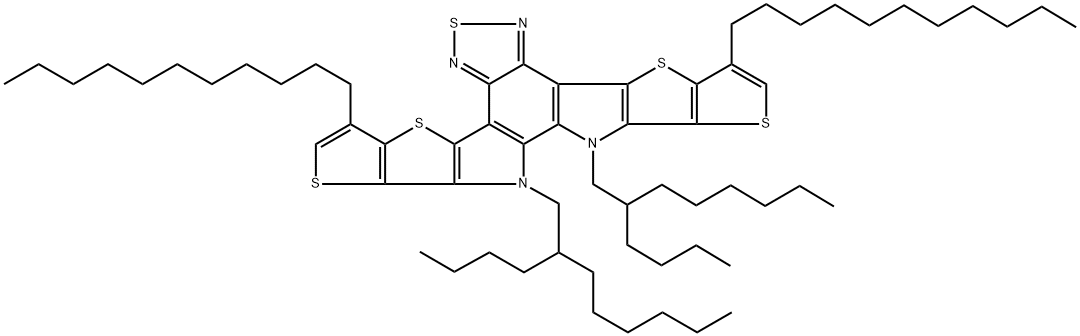 12,13-bis(2-butyloctyl)-3,9-diundecyl-12,13-dihydro-[1,2,5]thiadiazolo[3,4-e]thieno[2'',3'':4',5']thieno[2',3':4,5]pyrrolo[3,2-g]thieno[2',3':4,5]thieno[3,2-b]indole-2,10-dicarbaldehyde 化学構造式
