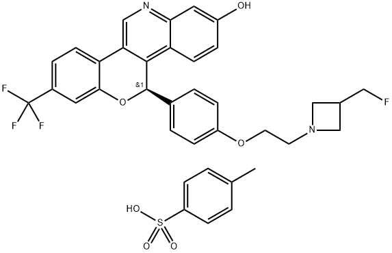 (R)-5-(4-(2-(3-(fluoromethyl)azetidin-1-yl)ethoxy)phenyl)-8-(trifluoromethyl)-5H-chromeno[4,3-c]quinolin-2-ol 4-methylbenzenesulfonate,2408840-41-3,结构式