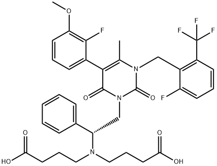 Butanoic acid, 4,4'-[[(1R)-2-[5-(2-fluoro-3-methoxyphenyl)-3-[[2-fluoro-6-(trifluoromethyl)phenyl]methyl]-3,6-dihydro-4-methyl-2,6-dioxo-1(2H)-pyrimidinyl]-1-phenylethyl]imino]bis- Structure