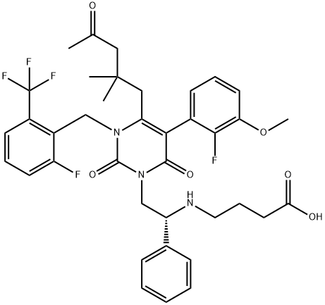 Butanoic acid, 4-[[(1R)-2-[4-(2,2-dimethyl-4-oxopentyl)-5-(2-fluoro-3-methoxyphenyl)-3-[[2-fluoro-6-(trifluoromethyl)phenyl]methyl]-3,6-dihydro-2,6-dioxo-1(2H)-pyrimidinyl]-1-phenylethyl]amino]- 化学構造式