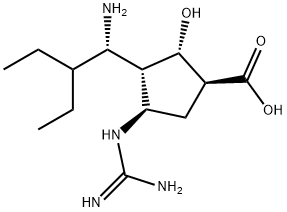 Cyclopentanecarboxylic acid, 3-[(1S)-1-amino-2-ethylbutyl]-4-[(aminoiminomethyl)amino]-2-hydroxy-, (1S,2S,3S,4R)- Struktur