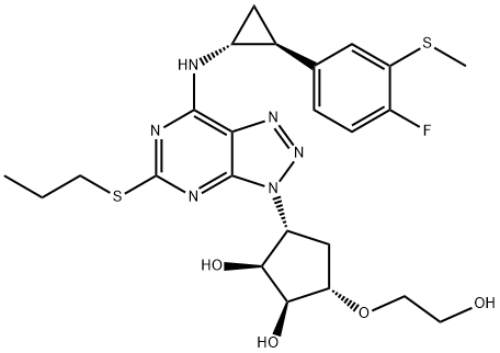 1,2-Cyclopentanediol, 3-[7-[[(1R,2S)-2-[4-fluoro-3-(methylthio)phenyl]cyclopropyl]amino]-5-(propylthio)-3H-1,2,3-triazolo[4,5-d]pyrimidin-3-yl]-5-(2-hydroxyethoxy)-, (1S,2S,3R,5S)- Struktur