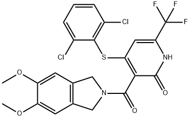 2(1H)-Pyridinone, 4-[(2,6-dichlorophenyl)thio]-3-[(1,3-dihydro-5,6-dimethoxy-2H-isoindol-2-yl)carbonyl]-6-(trifluoromethyl)- 化学構造式