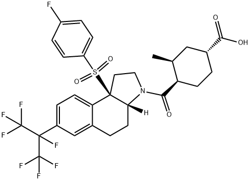 Cyclohexanecarboxylic acid, 4-[[(3aR,9bR)-9b-[(4-fluorophenyl)sulfonyl]-1,2,3a,4,5,9b-hexahydro-7-[1,2,2,2-tetrafluoro-1-(trifluoromethyl)ethyl]-3H-benz[e]indol-3-yl]carbonyl]-3-methyl-, (1R,3S,4R)- 结构式