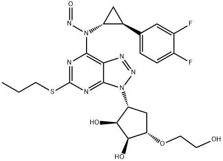 1,2-Cyclopentanediol, 3-[7-[[(1R,2S)-2-(3,4-difluorophenyl)cyclopropyl]nitrosoamino]-5-(propylthio)-3H-1,2,3-triazolo[4,5-d]pyrimidin-3-yl]-5-(2-hydroxyethoxy)-, (1S,2S,3R,5S)- 化学構造式