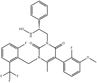 2,4(1H,3H)-Pyrimidinedione, 5-(2-fluoro-3-methoxyphenyl)-1-[[2-fluoro-6-(trifluoromethyl)phenyl]methyl]-3-[(2R)-2-(hydroxyamino)-2-phenylethyl]-6-methyl- 化学構造式