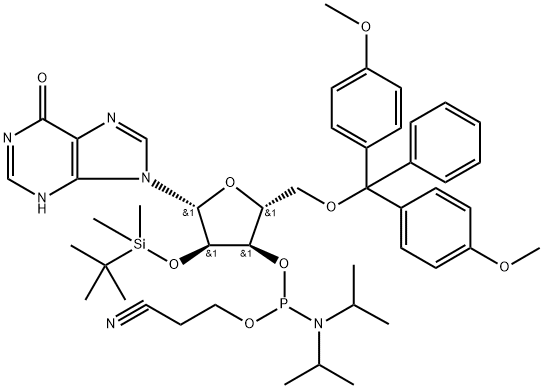 2'-O-(tert-butyldimethylsilyl)-5'-O (p,p'-dimethoxytrityl)inosine 3'-[(2-cyanoethyl)N,N-diisopropylaminophosphoramidite] 化学構造式
