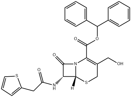 5-Thia-1-azabicyclo[4.2.0]oct-2-ene-2-carboxylic acid, 3-(hydroxymethyl)-8-oxo-7-[[2-(2-thienyl)acetyl]amino]-, diphenylmethyl ester, (6R,7R)- Struktur
