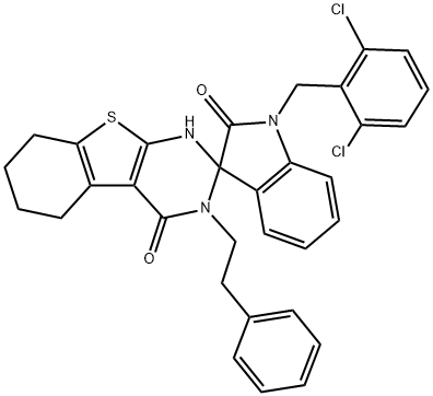 1'-[(2,6-dichlorophenyl)methyl]-3-(2-phenylethyl)spiro[5,6,7,8-tetrahydro-1H-[1]benzothiolo[2,3-d]pyrimidine-2,3'-indole]-2',4-dione,299919-87-2,结构式