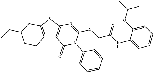 2-[(7-ethyl-4-oxo-3-phenyl-5,6,7,8-tetrahydro-[1]benzothiolo[2,3-d]pyrimidin-2-yl)sulfanyl]-N-(2-propan-2-yloxyphenyl)acetamide,331981-58-9,结构式