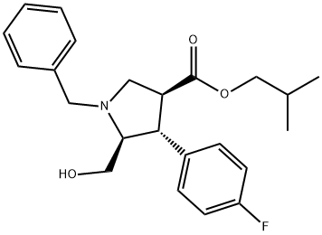 3-Pyrrolidinecarboxylic acid, 4-(4-fluorophenyl)-5-(hydroxymethyl)-1-(phenylmethyl)-, 1,1-dimethylethyl ester, (3R,4S,5R)-rel- Struktur