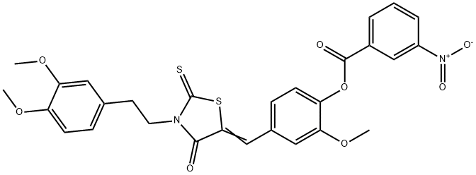 [4-[(Z)-[3-[2-(3,4-dimethoxyphenyl)ethyl]-4-oxo-2-sulfanylidene-1,3-thiazolidin-5-ylidene]methyl]-2-methoxyphenyl] 3-nitrobenzoate Structure