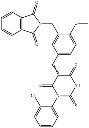 2-[[5-[(E)-[1-(2-chlorophenyl)-4,6-dioxo-2-sulfanylidene-1,3-diazinan-5-ylidene]methyl]-2-methoxyphenyl]methyl]isoindole-1,3-dione Struktur