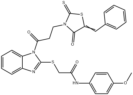 2-[1-[3-[(5E)-5-benzylidene-4-oxo-2-sulfanylidene-1,3-thiazolidin-3-yl]propanoyl]benzimidazol-2-yl]sulfanyl-N-(4-methoxyphenyl)acetamide Struktur