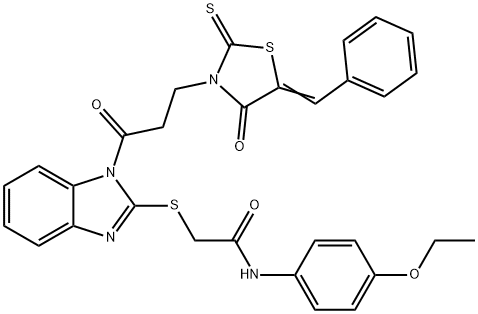 2-[1-[3-[(5Z)-5-benzylidene-4-oxo-2-sulfanylidene-1,3-thiazolidin-3-yl]propanoyl]benzimidazol-2-yl]sulfanyl-N-(4-ethoxyphenyl)acetamide 结构式