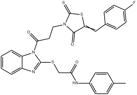 2-[1-[3-[(5E)-5-[(4-fluorophenyl)methylidene]-4-oxo-2-sulfanylidene-1,3-thiazolidin-3-yl]propanoyl]benzimidazol-2-yl]sulfanyl-N-(4-methylphenyl)acetamide Structure