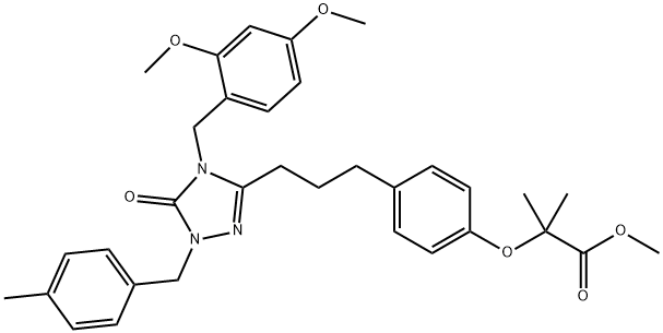 Propanoic acid, 2-[4-[3-[4-[(2,4-dimethoxyphenyl)methyl]-4,5-dihydro-1-[(4-methylphenyl)methyl]-5-oxo-1H-1,2,4-triazol-3-yl]propyl]phenoxy]-2-methyl-, methyl ester,425674-21-1,结构式
