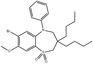 1,5-Benzothiazepine, 7-bromo-3,3-dibutyl-2,3,4,5-tetrahydro-8-methoxy-5-phenyl-, 1,1-dioxide,439089-25-5,结构式