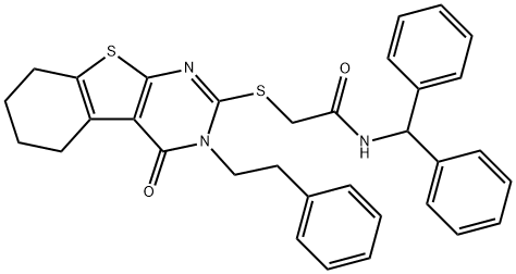 N-benzhydryl-2-[[4-oxo-3-(2-phenylethyl)-5,6,7,8-tetrahydro-[1]benzothiolo[2,3-d]pyrimidin-2-yl]sulfanyl]acetamide,497940-86-0,结构式