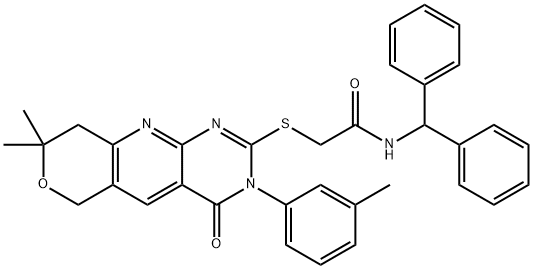 N-benzhydryl-2-[[8,8-dimethyl-3-(3-methylphenyl)-4-oxo-6,9-dihydropyrano[3,4]pyrido[3,5-b]pyrimidin-2-yl]sulfanyl]acetamide Structure