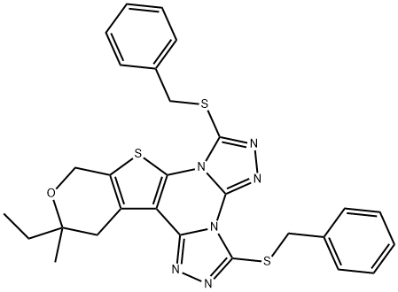 3,7-bis(benzylthio)-12-ethyl-12-methyl-12,13-dihydro-10H-pyrano[4',3':4,5]thieno[3,2-e]bis([1,2,4]triazolo)[4,3-a:4',3'-c]pyrimidine Structure