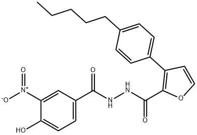 N'-(4-Hydroxy-3-nitrobenzoyl)-3-(4-pentylphenyl)-2-furohydrazide 化学構造式
