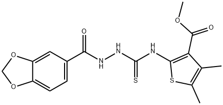 methyl 2-(2-(benzo[d][1,3]dioxole-5-carbonyl)hydrazinecarbothioamido)-4,5-dimethylthiophene-3-carboxylate,588710-63-8,结构式