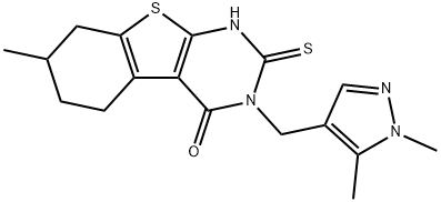 3-[(1,5-dimethylpyrazol-4-yl)methyl]-7-methyl-2-sulfanylidene-5,6,7,8-tetrahydro-1H-[1]benzothiolo[2,3-d]pyrimidin-4-one Structure