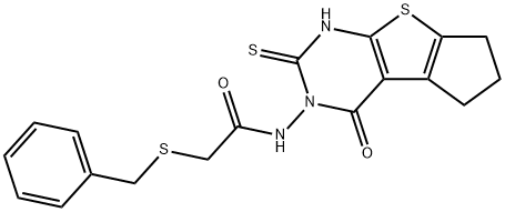 2-benzylsulfanyl-N-(1-oxo-3-sulfanylidene-4,6,7,8-tetrahydrocyclopenta[2,3]thieno[2,4-b]pyrimidin-2-yl)acetamide 化学構造式