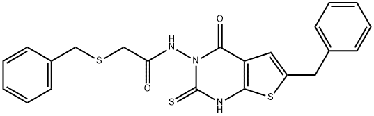 N-(6-benzyl-4-oxo-2-sulfanylidene-1H-thieno[2,3-d]pyrimidin-3-yl)-2-benzylsulfanylacetamide 化学構造式