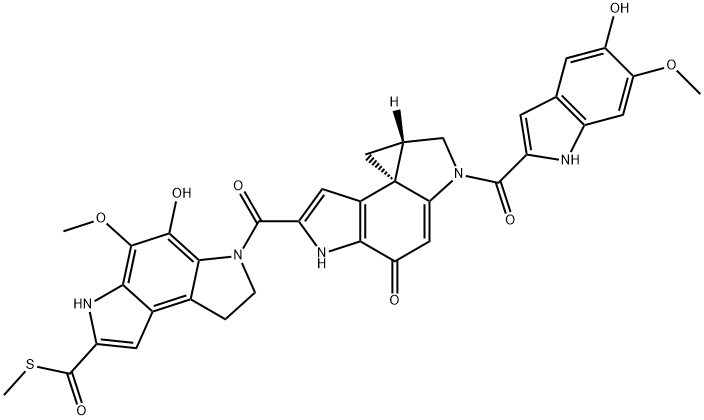 Benzo[1,2-b:4,3-b']dipyrrole-2-carbothioic acid, 6-[[(7bR,8aS)-1,2,4,5,8,8a-hexahydro-2-[(5-hydroxy-6-methoxy-1H-indol-2-yl)carbonyl]-4-oxocyclopropa[c]pyrrolo[3,2-e]indol-6-yl]carbonyl]-3,6,7,8-tetrahydro-5-hydroxy-4-methoxy-, S-methyl ester Structure