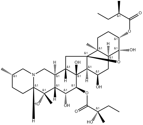 4α,9-Epoxycevane-3β,4β,7α,14,15α,16β,20-heptol 3-[(R)-2-methylbutanoate]15-[(S)-2-hydroxy-2-methylbutanoate] Structure