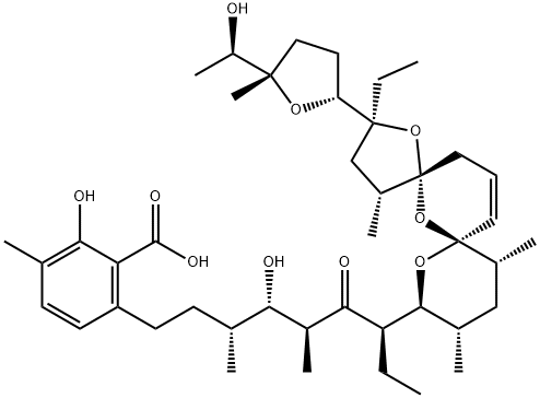 Benzoic acid, 6-[(3R,4S,5S,7R)-7-[(2S,4R,5R,7R,9S,10S,12R)-2-ethyl-4,10,12-trimethyl-2-[(2R,5S)-tetrahydro-5-[(1R)-1-hydroxyethyl]-5-methyl-2-furanyl]-1,6,8-trioxadispiro[4.1.5.3]pentadec-13-en-9-yl]-4-hydroxy-3,5-dimethyl-6-oxononyl]-2-hydroxy-3-methyl- Struktur