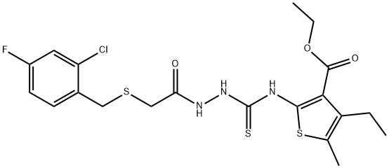 ethyl 2-(2-(2-((2-chloro-4-fluorobenzyl)thio)acetyl)hydrazinecarbothioamido)-4-ethyl-5-methylthiophene-3-carboxylate 化学構造式