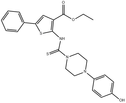 ethyl 2-(4-(4-hydroxyphenyl)piperazine-1-carbothioamido)-5-phenylthiophene-3-carboxylate 化学構造式