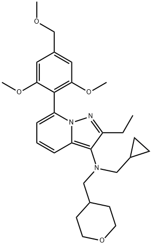 Pyrazolo[1,5-a]pyridin-3-amine, N-(cyclopropylmethyl)-7-[2,6-dimethoxy-4-(methoxymethyl)phenyl]-2-ethyl-N-[(tetrahydro-2H-pyran-4-yl)methyl]-,685885-75-0,结构式